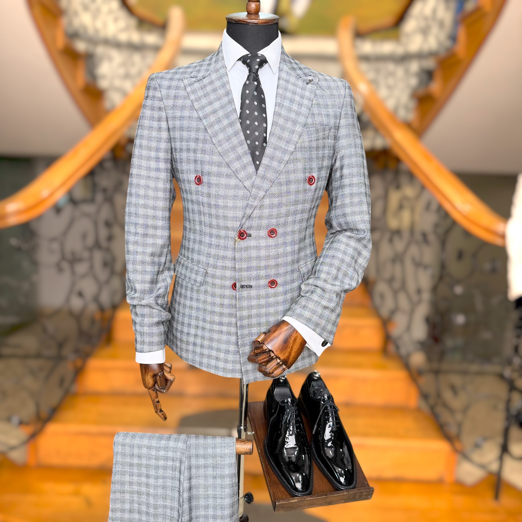 Costum Bărbați Slim Fit Double-Breasted Gri cu Carouri și Nasturi Bordo CDS-28